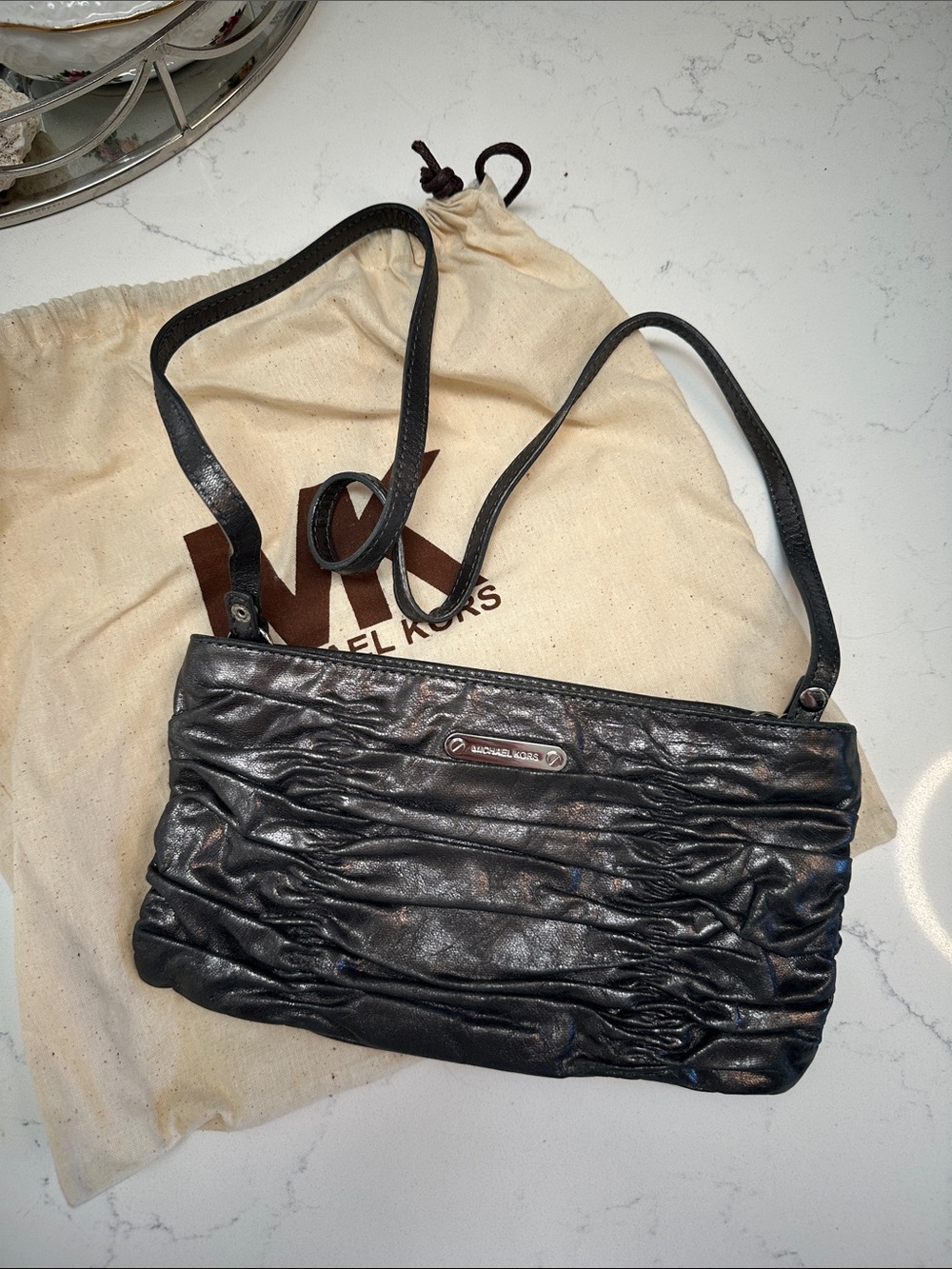 Michael Kors gunmetal Ruched Leather Shoulder Bag